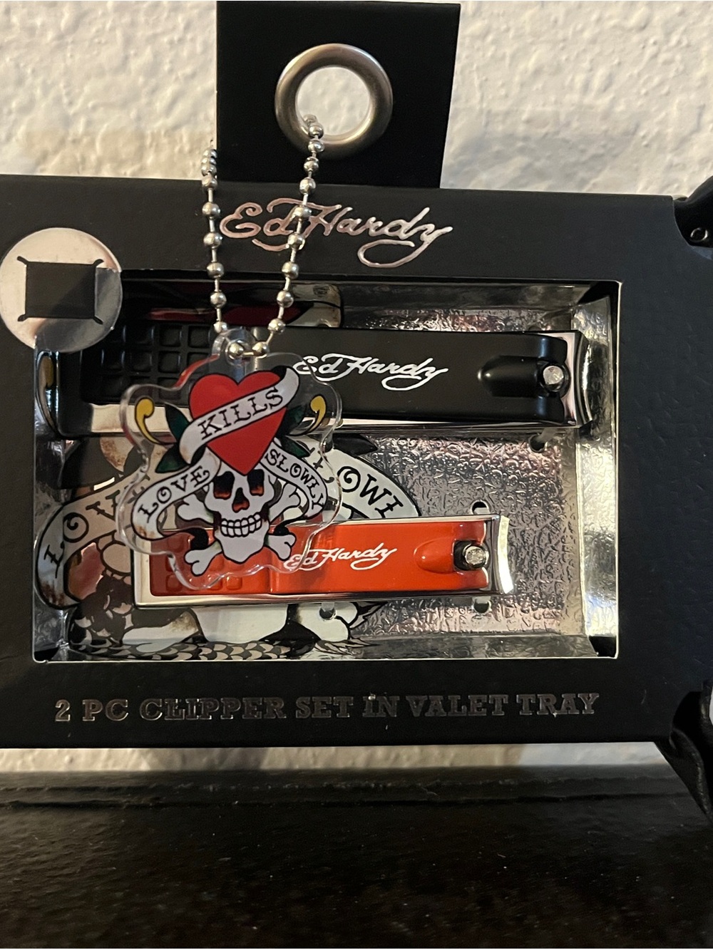 Ed Hardy Black and Orange Nail Clipper Set with Branded Keychain
